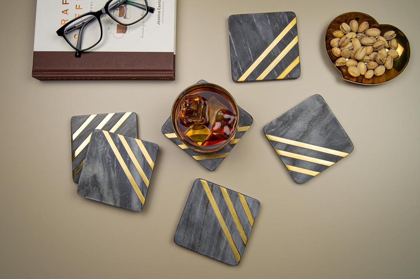 Modern Marble Coasters for Drinks – Real Gray Stone Set with Black & Gold Detail, Sophisticated Tabletop Decor (6-Piece Set)