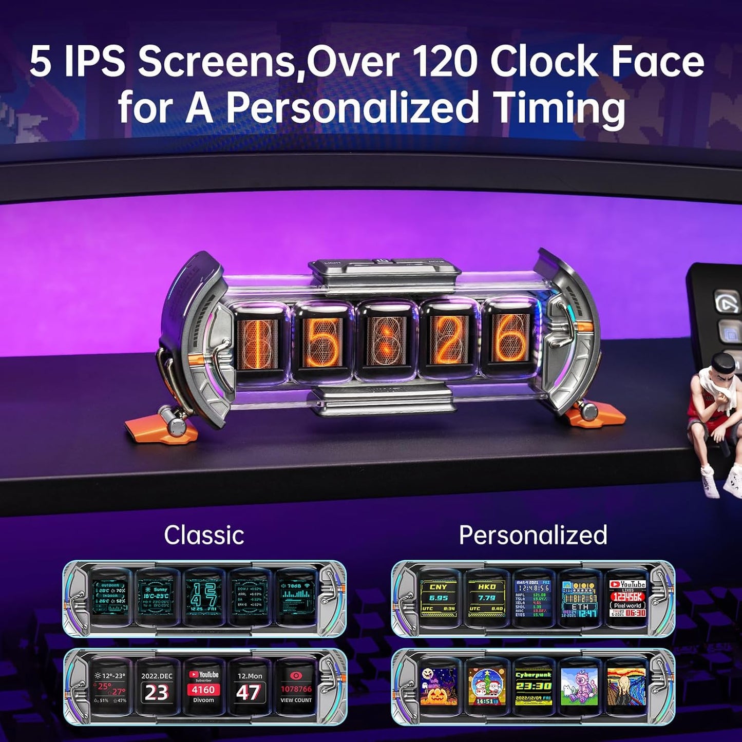 Times Gate - Cyberpunk Gaming Setup Digital Clock with Smart APP Control, Wifi Connect, RGB LED Display, Personalized Dashboard, Pixel Art for Gaming Room & Office Decor(Sliver)