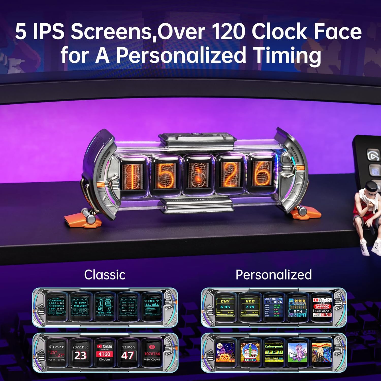 Times Gate - Cyberpunk Gaming Setup Digital Clock with Smart APP Control, Wifi Connect, RGB LED Display, Personalized Dashboard, Pixel Art for Gaming Room & Office Decor(Sliver)