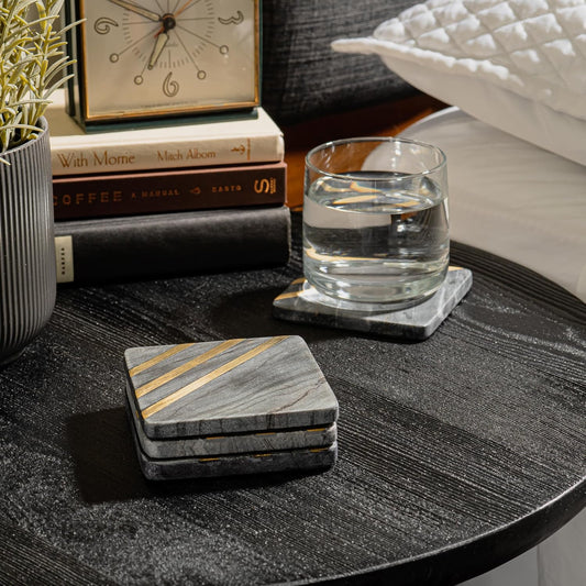 Modern Marble Coasters for Drinks – Real Gray Stone Set with Black & Gold Detail, Sophisticated Tabletop Decor (6-Piece Set)