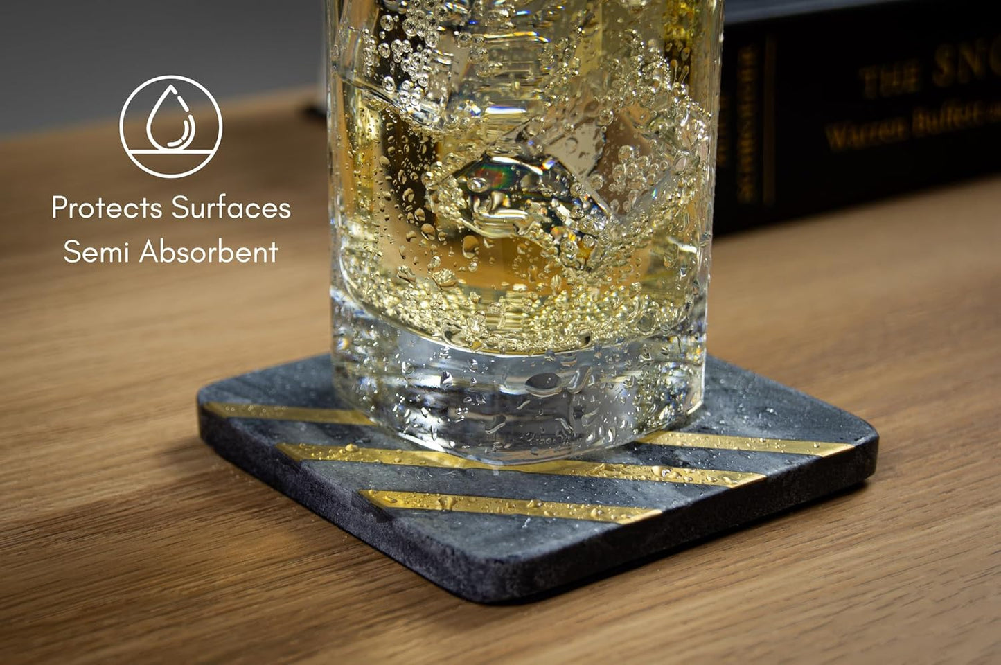 Modern Marble Coasters for Drinks – Real Gray Stone Set with Black & Gold Detail, Sophisticated Tabletop Decor (6-Piece Set)