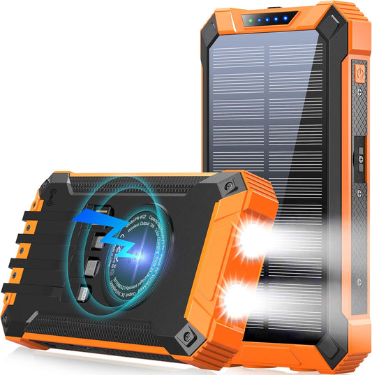 Power Bank Wireless Charger 36000Mah Built in 4 Cables Six Outputs 15W Fast Charging Power Bank for All Mobile Devices Three Inputs Solar Portable Charger with Dual Flashlights, Carabiner