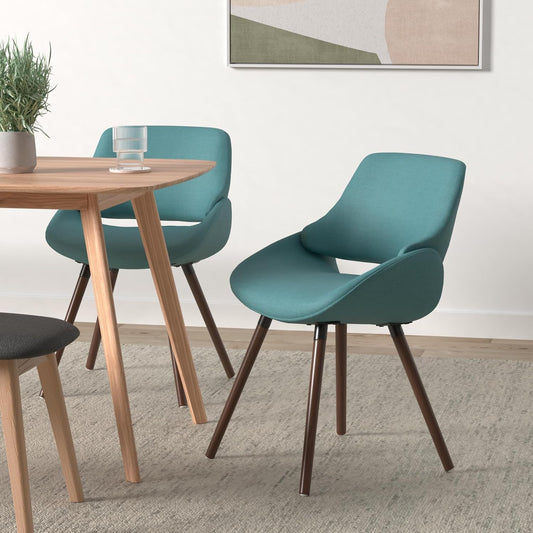Malden Dining Chairs - Upholstered Bentwood Frame and Woven Fabric Kitchen Chair in Turquoise Blue, Modern Dining Room Seating with Curved Contoured Back, Walnut Veneer Legs and Padded Seat