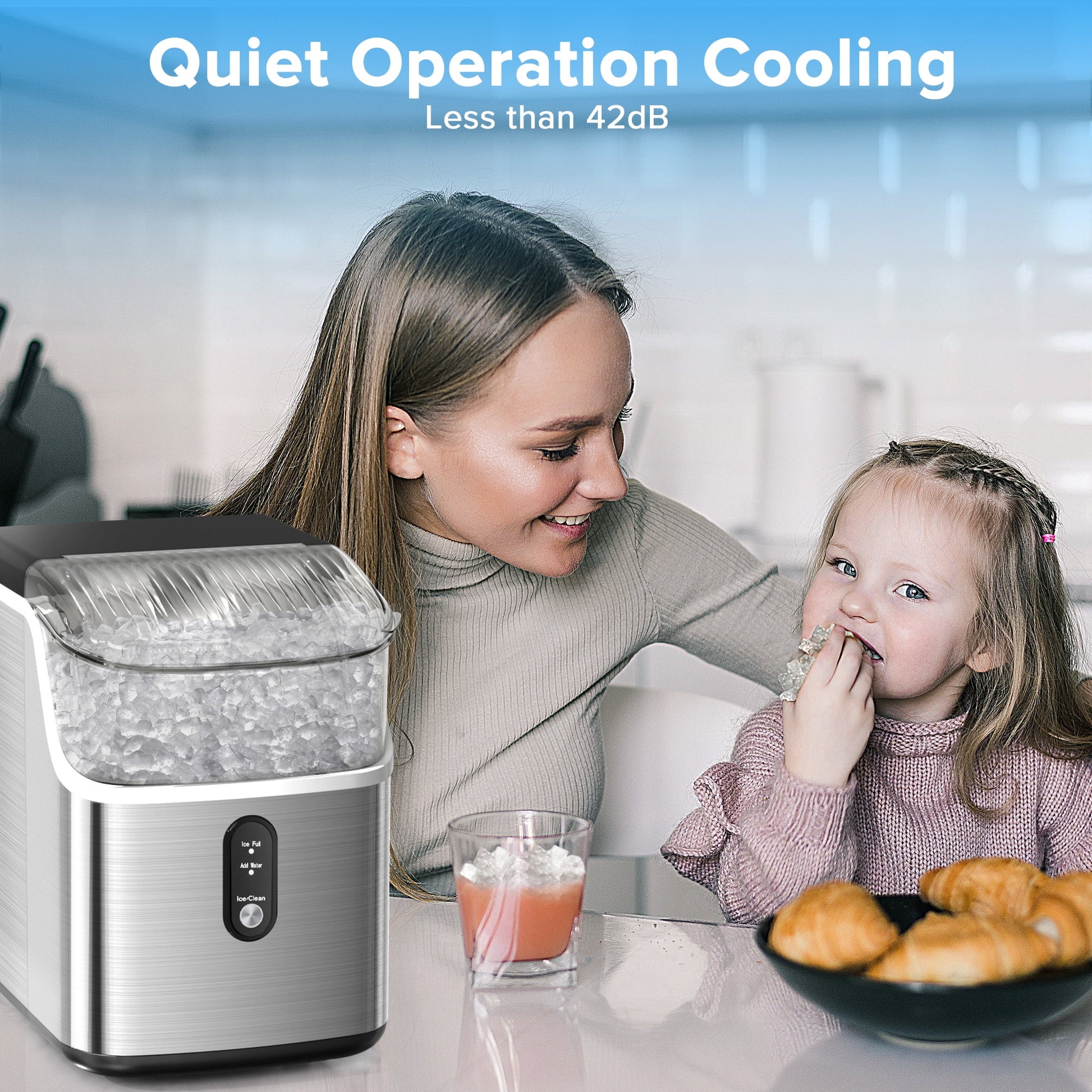 Nugget Ice Maker Countertop, Pebble Ice Maker Machine with 35Lbs/24H Soft Ice, Self-Cleaning, for Home/Kitchen/Office (Silver)